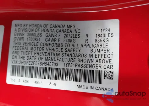 2025 Honda Civic Sport from USA, damaged, VIN 2HGFE2F57SH548703